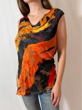 Italian 100% Silk Beaded Cowl Neck Abstract Orange Blouse